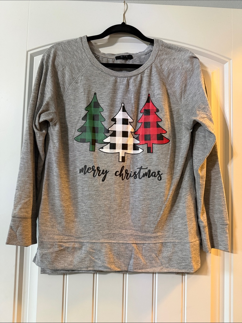 Grey Holiday Sweatshirt with Plaid Tree Graphics